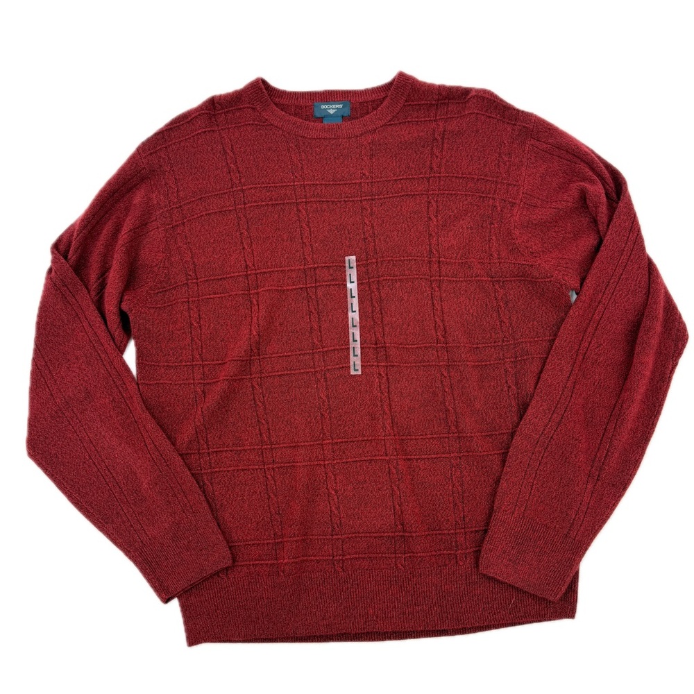 Dockers Soft Acrylic Red Marled Windowpane Crewneck Sweater Mens Size Large NEW! - Picture 2 of 13